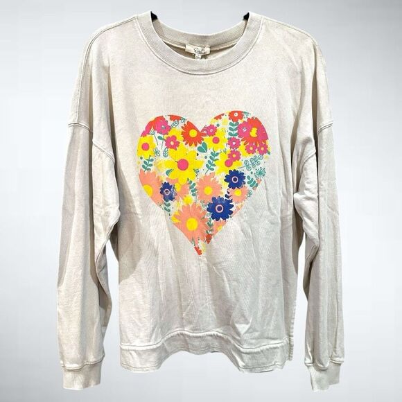 Size S Easel Los Angeles 100% Cotton Floral Heart Sweatshirt in Khaki - Picture 1 of 8